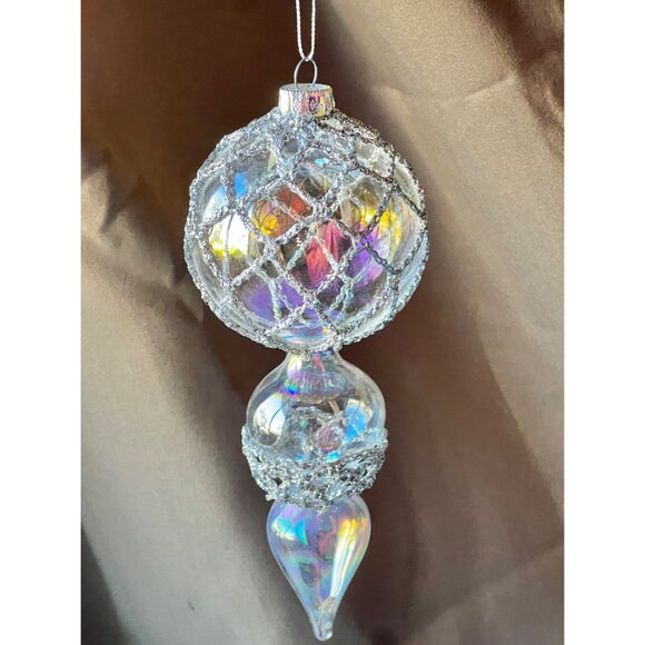 Iridescent Blown Glass Ornament With Silver Glitter Net Design 7.5” - Picture 2 of 4